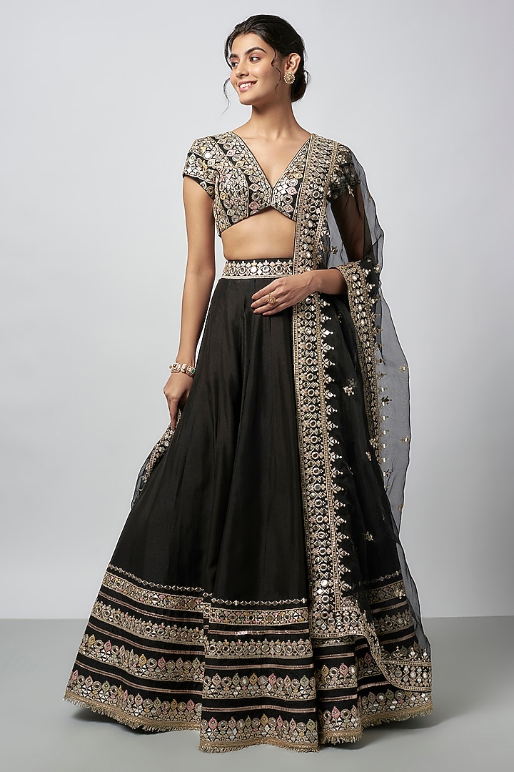 Black Tussar Mirror Work Wedding Lehenga Set by GOPI VAID at Pernia's Pop Up Shop