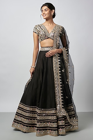 Black Tussar Mirror Work Lehenga Set by GOPI VAID
