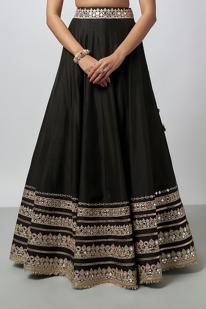 Black Tussar Mirror Work Wedding Lehenga Set by GOPI VAID at Pernia's Pop Up Shop