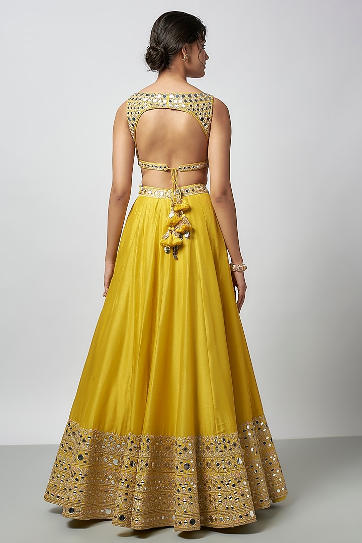 Yellow Tussar Mirror Work Wedding Lehenga Set by GOPI VAID at Pernia's Pop Up Shop
