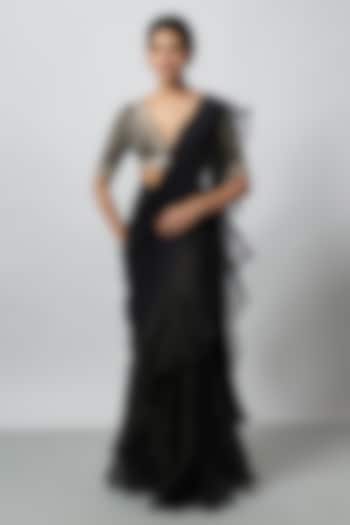 Black Chiffon & Organza Embroidered Wedding Saree Set by GOPI VAID at Pernia's Pop Up Shop