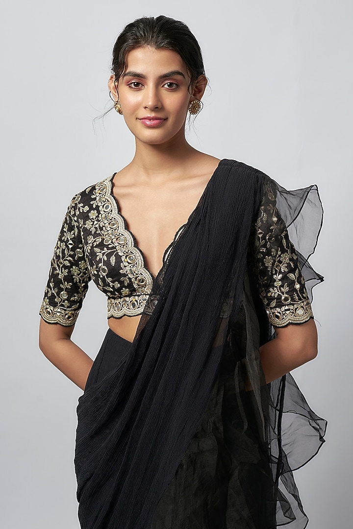 Black Chiffon & Organza Embroidered Wedding Saree Set by GOPI VAID at Pernia's Pop Up Shop