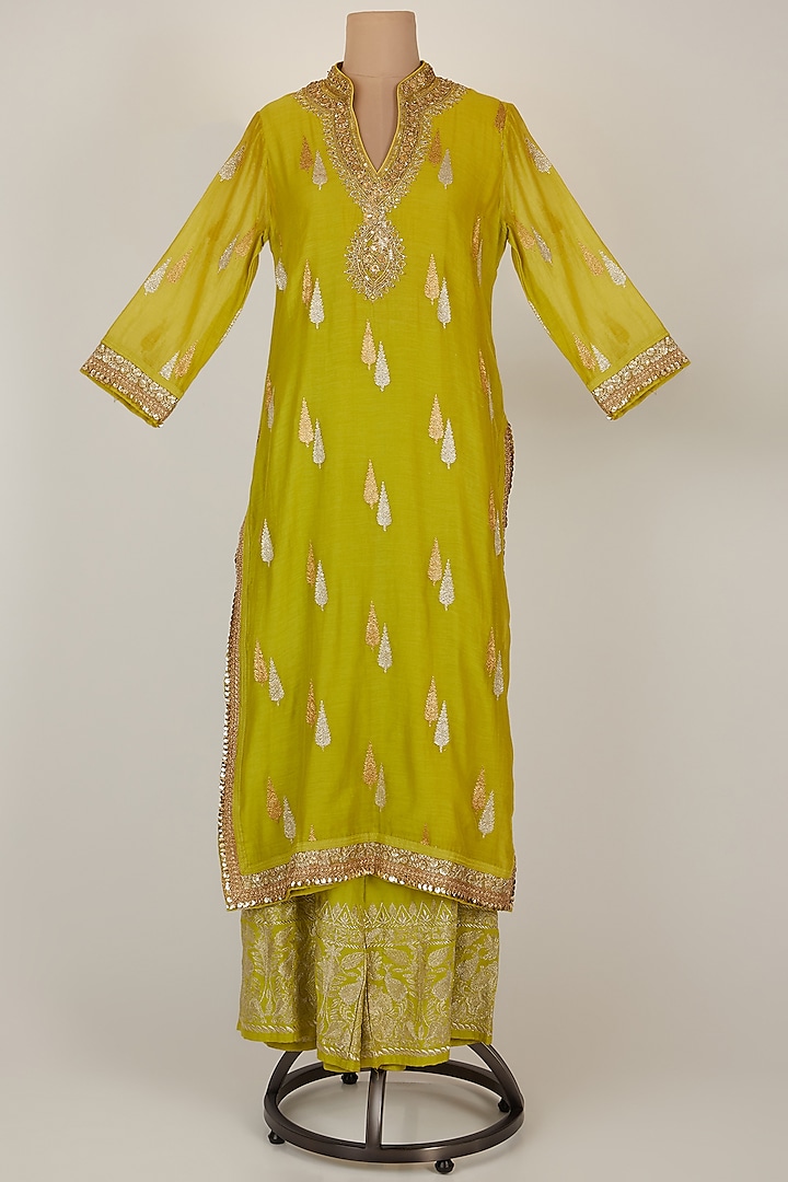 Leaf Green Embroidered Kurta With Pants by GOPI VAID