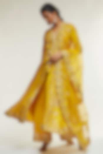 Yellow Tussar Silk Embroidered Angrakha Kurta Set by GOPI VAID