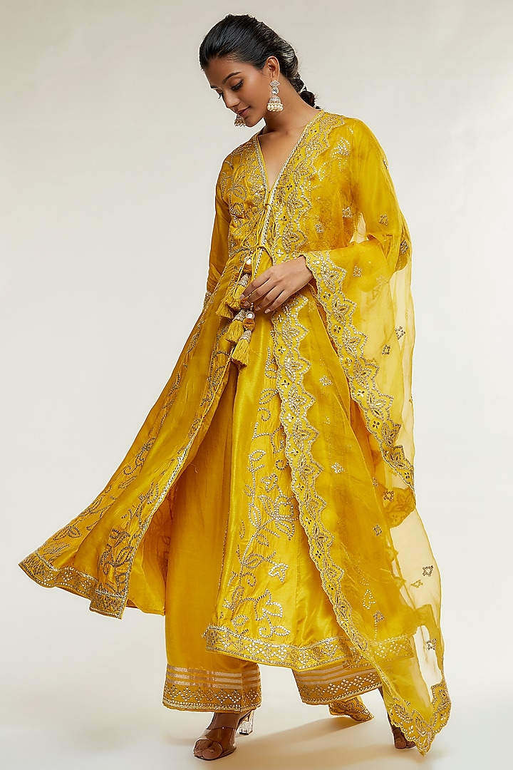 Yellow Tussar Silk Embroidered Angrakha Kurta Set by GOPI VAID