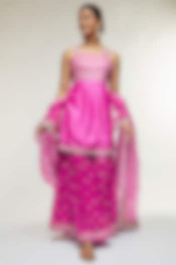 Pink Tussar Silk Embroidered Wedding Sharara Set by GOPI VAID at Pernia's Pop Up Shop