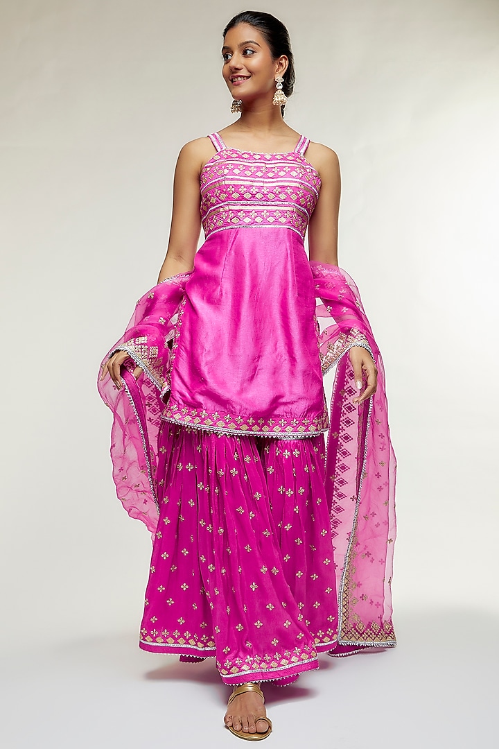 Pink Tussar Silk Embroidered Wedding Sharara Set by GOPI VAID at Pernia's Pop Up Shop