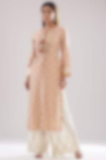 Pink Tussar Silk Long Kurta Set by GOPI VAID
