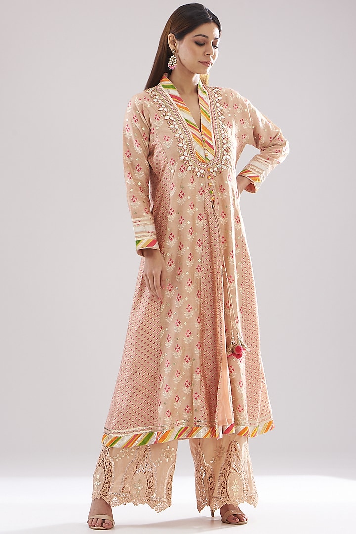 Pink Tussar Silk Anarkali Set by GOPI VAID
