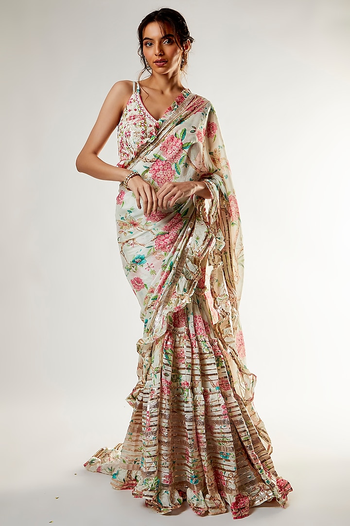 Ivory Viscose Floral Printed & Gota Embellished Saree Set by GOPI VAID