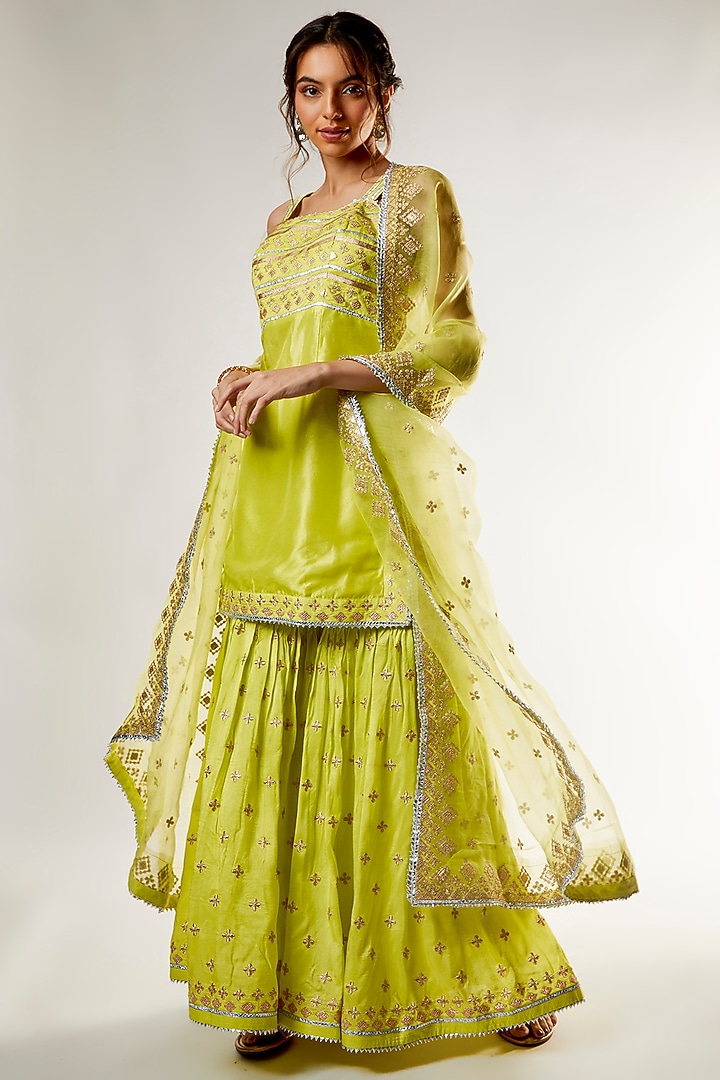 Green Tussar Silk Wedding Sharara Set by GOPI VAID at Pernia's Pop Up Shop
