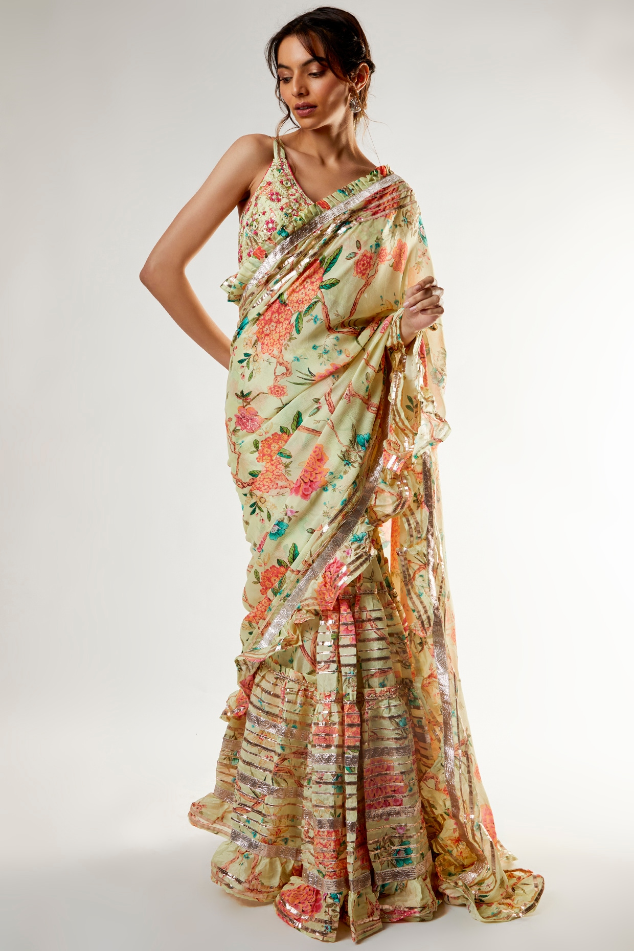 Classy Georgette Floral Printed Ruffle Lehenga Saree With Blouse