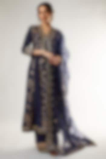 Blue Tussar Silk Anarkali Set by GOPI VAID at Pernia's Pop Up Shop