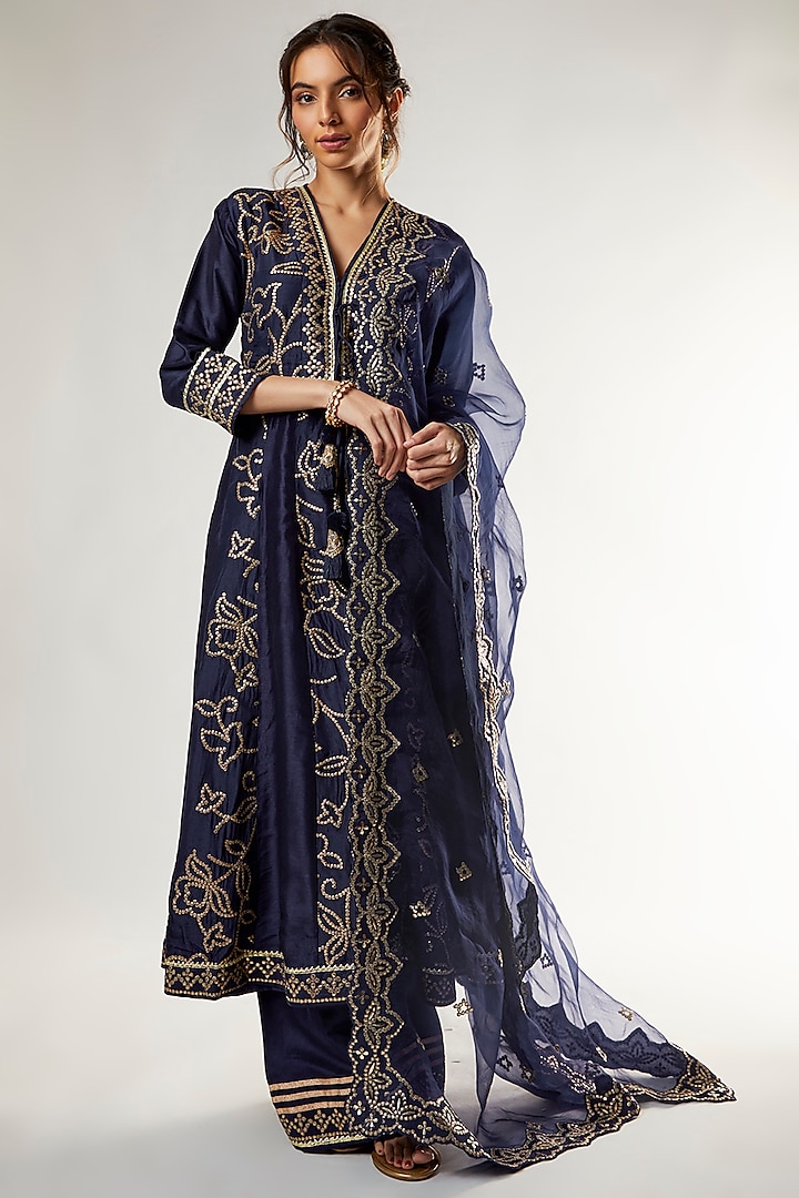 Blue Tussar Silk Anarkali Set by GOPI VAID at Pernia's Pop Up Shop