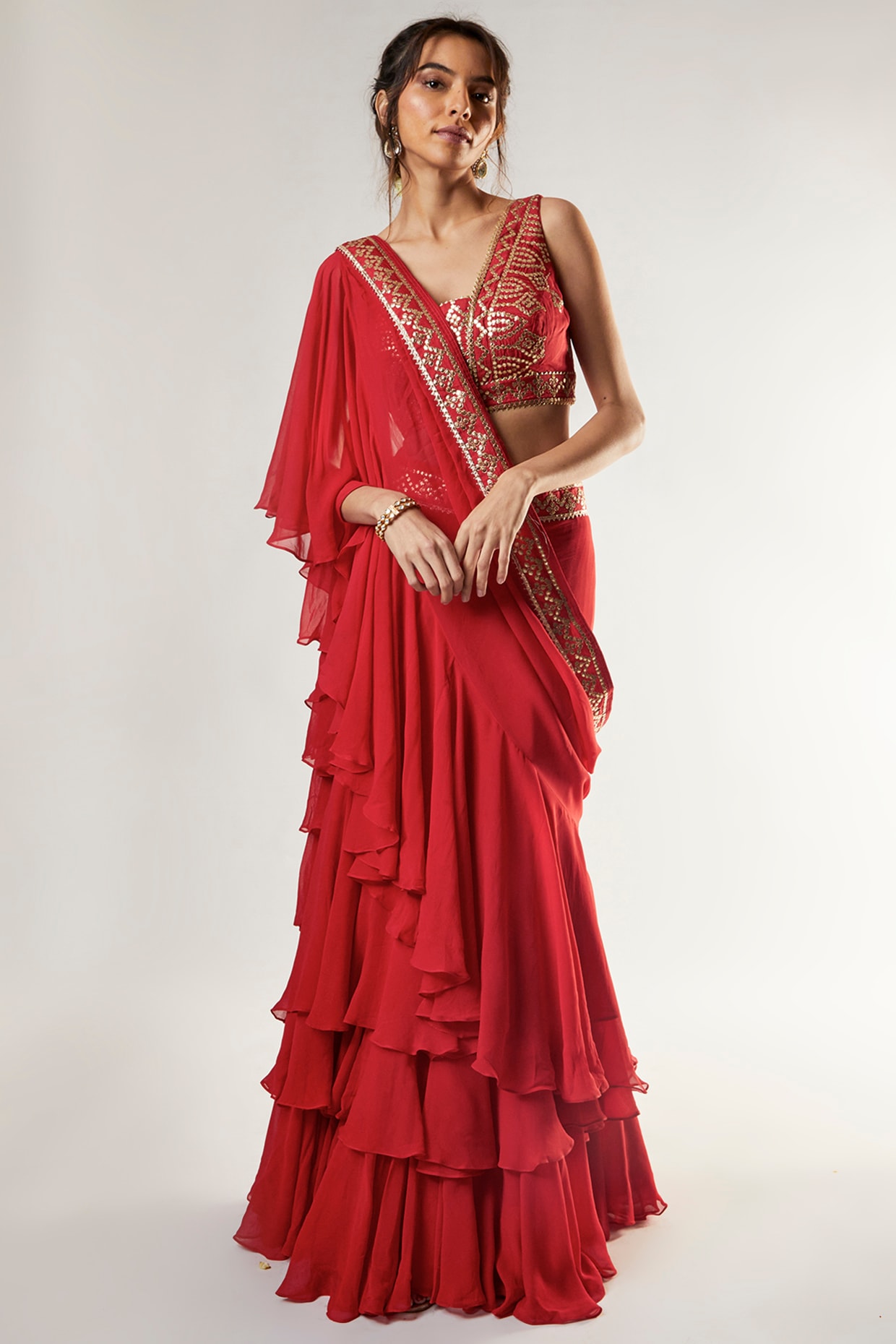 Party Wear Red Bollywood Ruffle Saree, 5.5 m (separate blouse piece) at Rs  650/piece in Surat