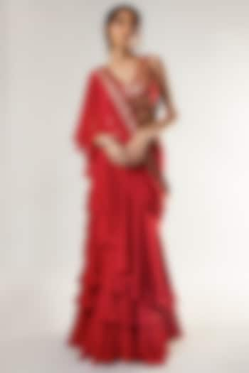 Red Chiffon Frilled Saree Set by GOPI VAID at Pernia's Pop Up Shop