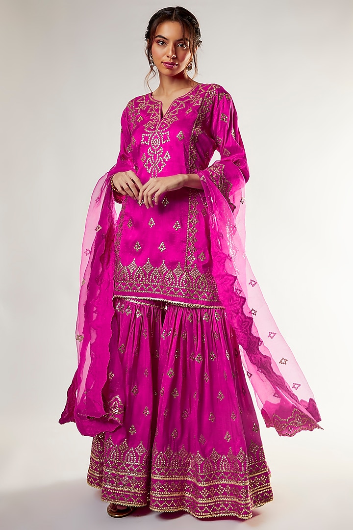 Pink Tussar Silk Gharara Set by GOPI VAID