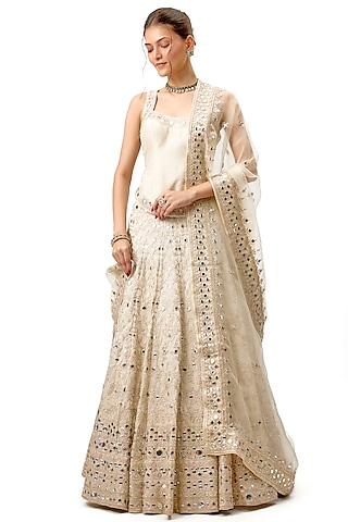 Ivory Tussar Mirror Embroidered Lehenga Set by Gopi Vaid