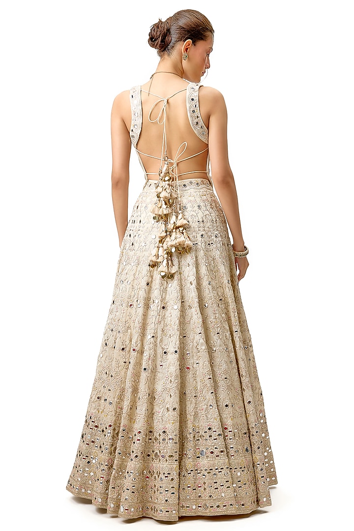 Ivory Tussar Mirror Embroidered Wedding Lehenga Set by Gopi Vaid at Pernia's Pop Up Shop