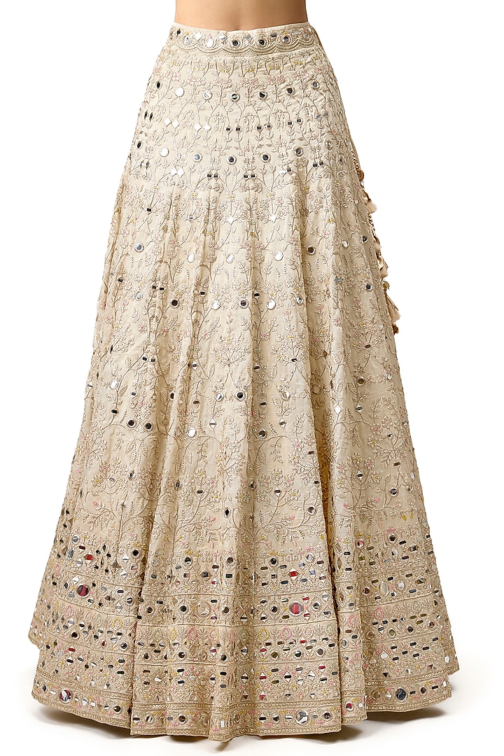 Ivory Tussar Mirror Embroidered Wedding Lehenga Set by Gopi Vaid at Pernia's Pop Up Shop