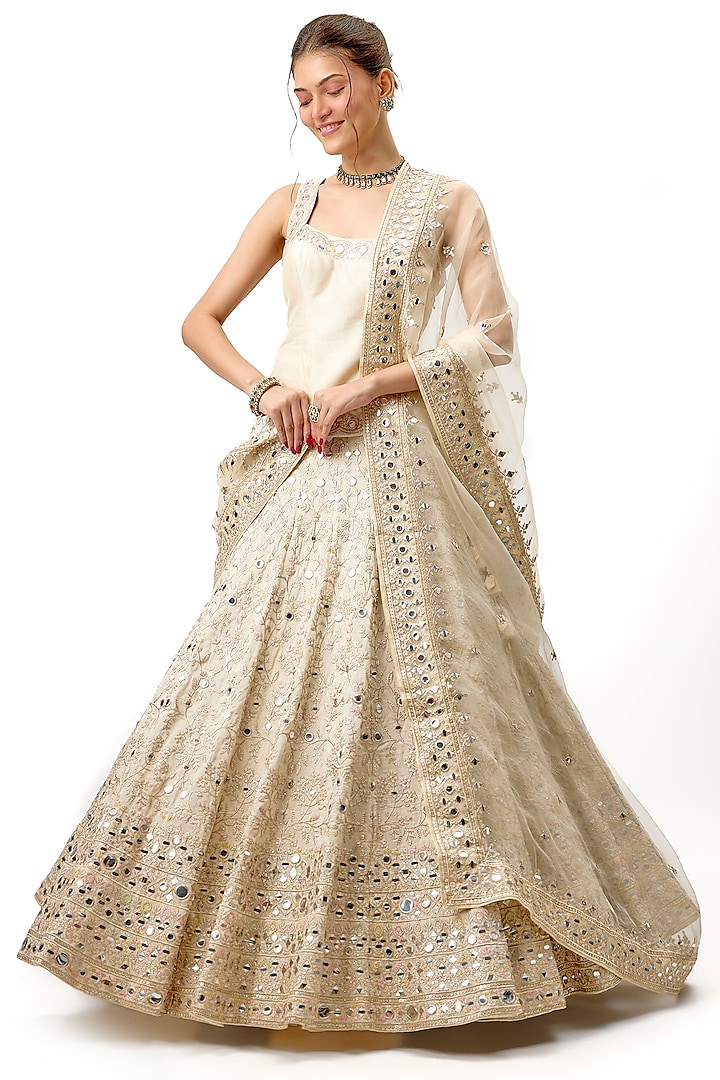 Ivory Tussar Mirror Embroidered Wedding Lehenga Set by Gopi Vaid at Pernia's Pop Up Shop