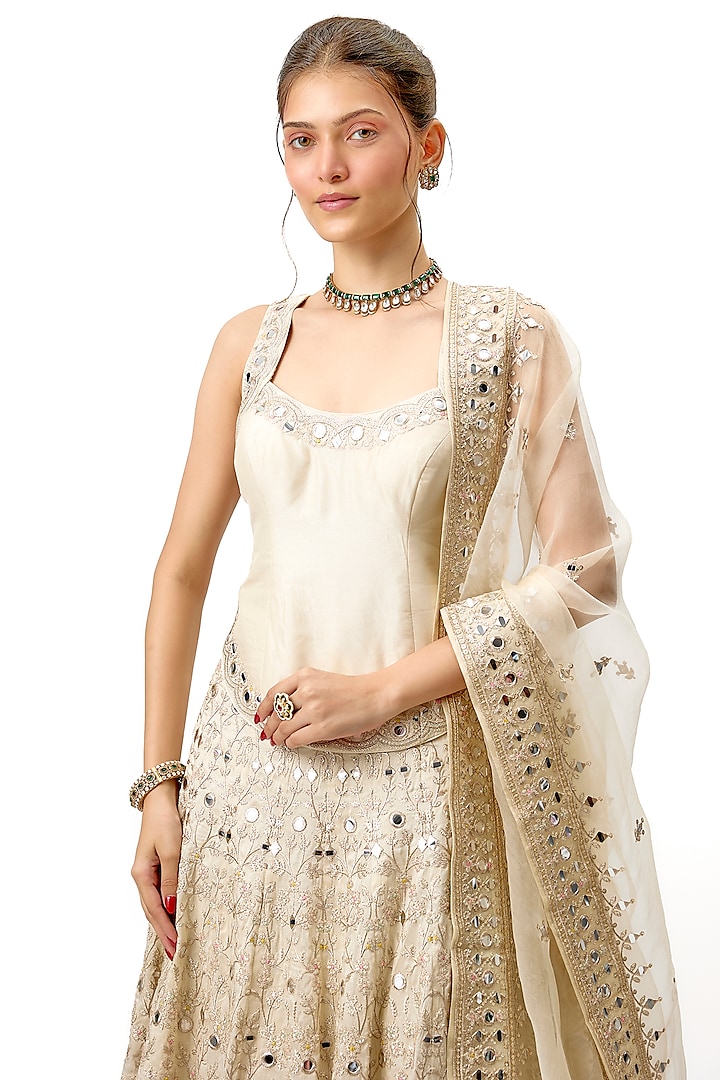 Ivory Tussar Mirror Embroidered Wedding Lehenga Set by Gopi Vaid at Pernia's Pop Up Shop