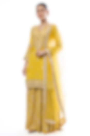 Yellow Tussar Floral Embroidered Wedding Sharara Set by GOPI VAID at Pernia's Pop Up Shop