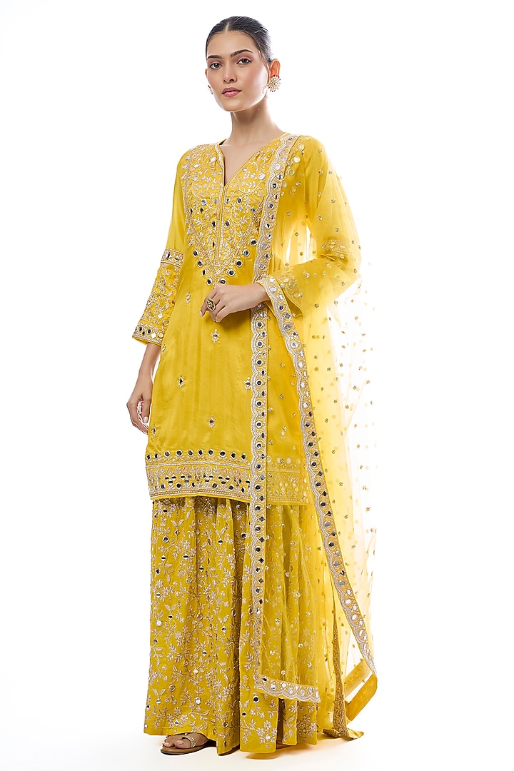 Yellow Tussar Floral Embroidered Wedding Sharara Set by GOPI VAID at Pernia's Pop Up Shop
