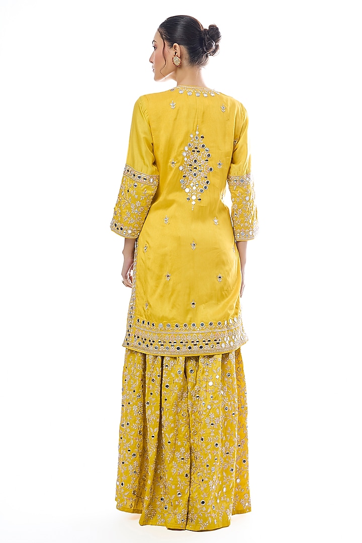 Yellow Tussar Floral Embroidered Wedding Sharara Set by GOPI VAID at Pernia's Pop Up Shop