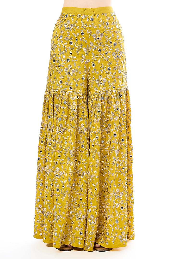 Yellow Tussar Floral Embroidered Wedding Sharara Set by GOPI VAID at Pernia's Pop Up Shop
