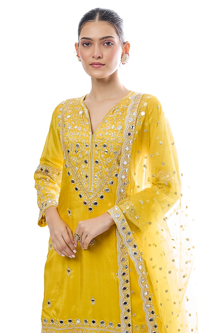 Yellow Tussar Floral Embroidered Wedding Sharara Set by GOPI VAID at Pernia's Pop Up Shop