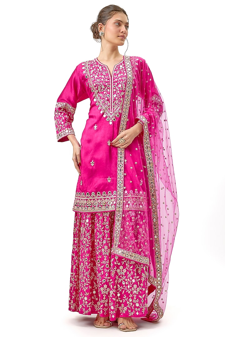 Pink Tussar Mirror & Floral Embroidered Wedding Sharara Set by Gopi Vaid at Pernia's Pop Up Shop