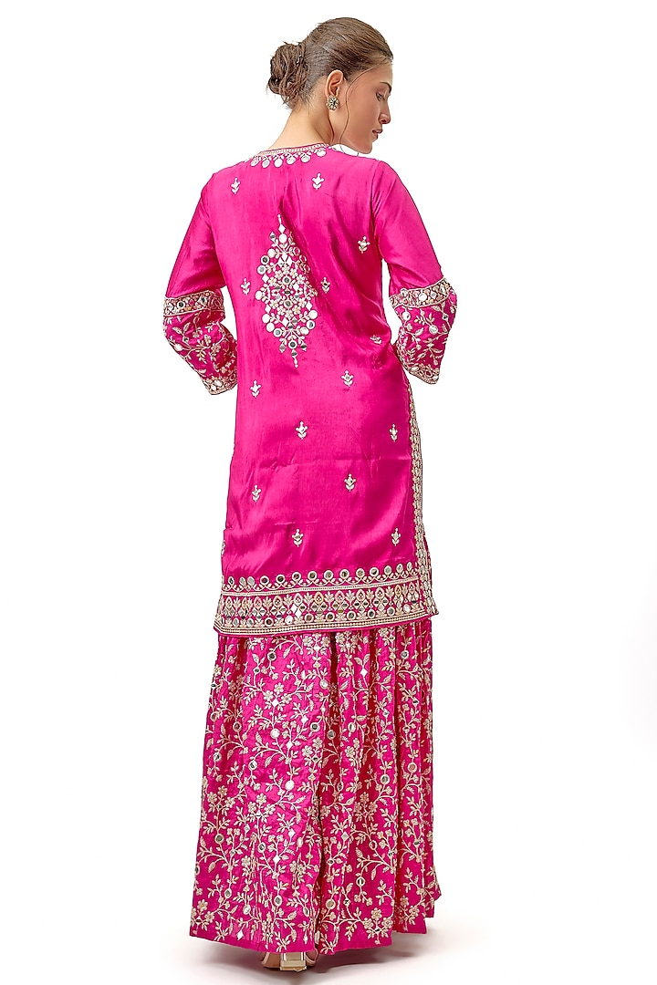 Pink Tussar Mirror & Floral Embroidered Wedding Sharara Set by Gopi Vaid at Pernia's Pop Up Shop