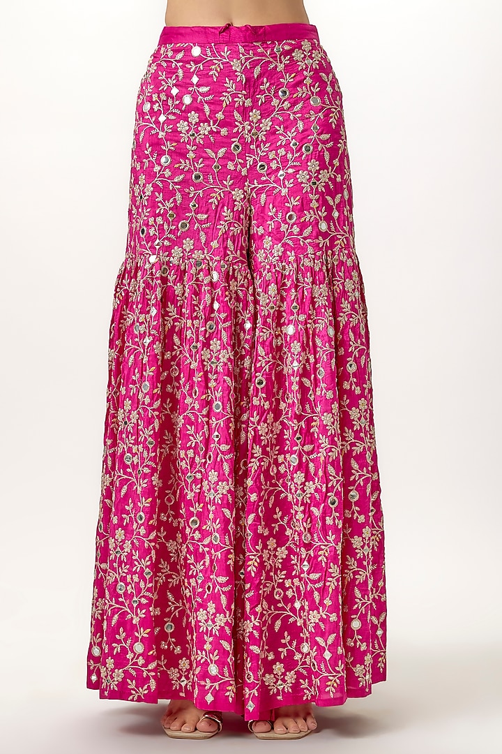 Pink Tussar Mirror & Floral Embroidered Wedding Sharara Set by Gopi Vaid at Pernia's Pop Up Shop