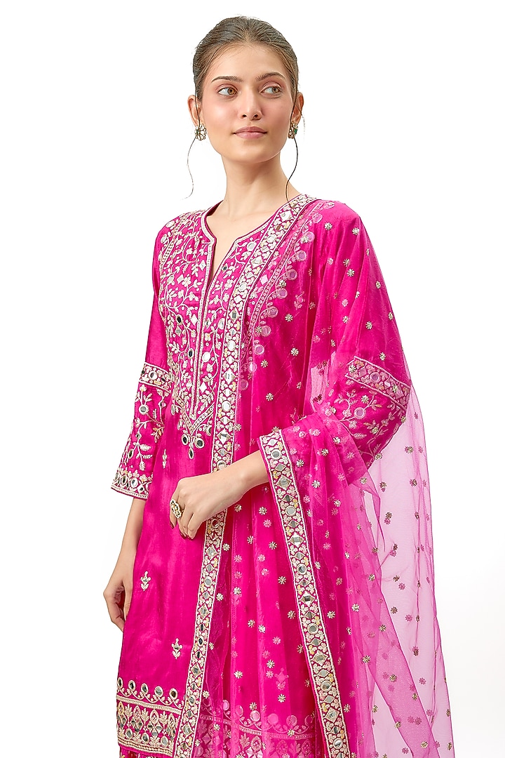 Pink Tussar Mirror & Floral Embroidered Wedding Sharara Set by Gopi Vaid at Pernia's Pop Up Shop