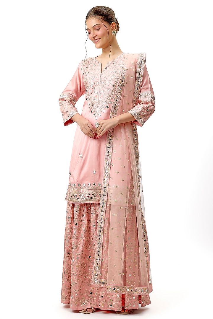 Pink Tussar Mirror & Floral Embroidered Wedding Sharara Set by Gopi Vaid at Pernia's Pop Up Shop