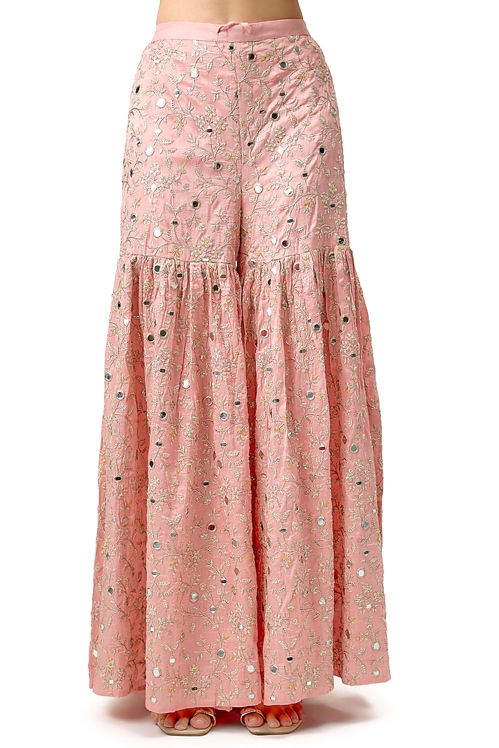 Pink Tussar Mirror & Floral Embroidered Wedding Sharara Set by Gopi Vaid at Pernia's Pop Up Shop