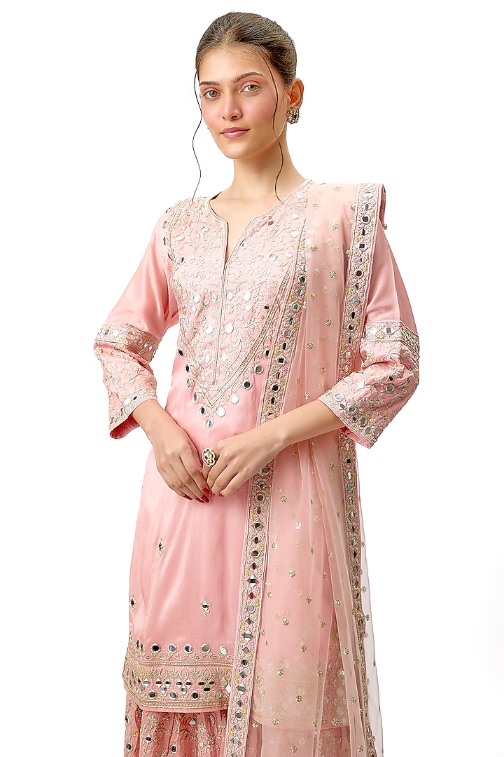 Pink Tussar Mirror & Floral Embroidered Wedding Sharara Set by Gopi Vaid at Pernia's Pop Up Shop