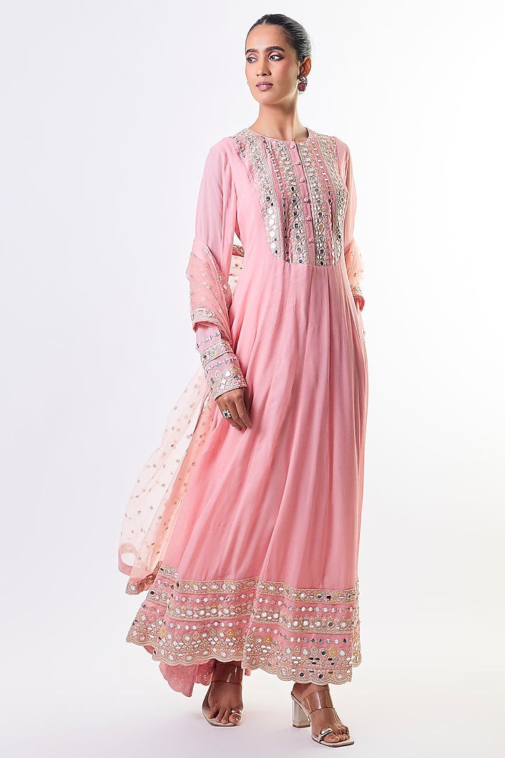 Pink Georgette Mirror Embroidered Wedding Anarkali Set by GOPI VAID at Pernia's Pop Up Shop