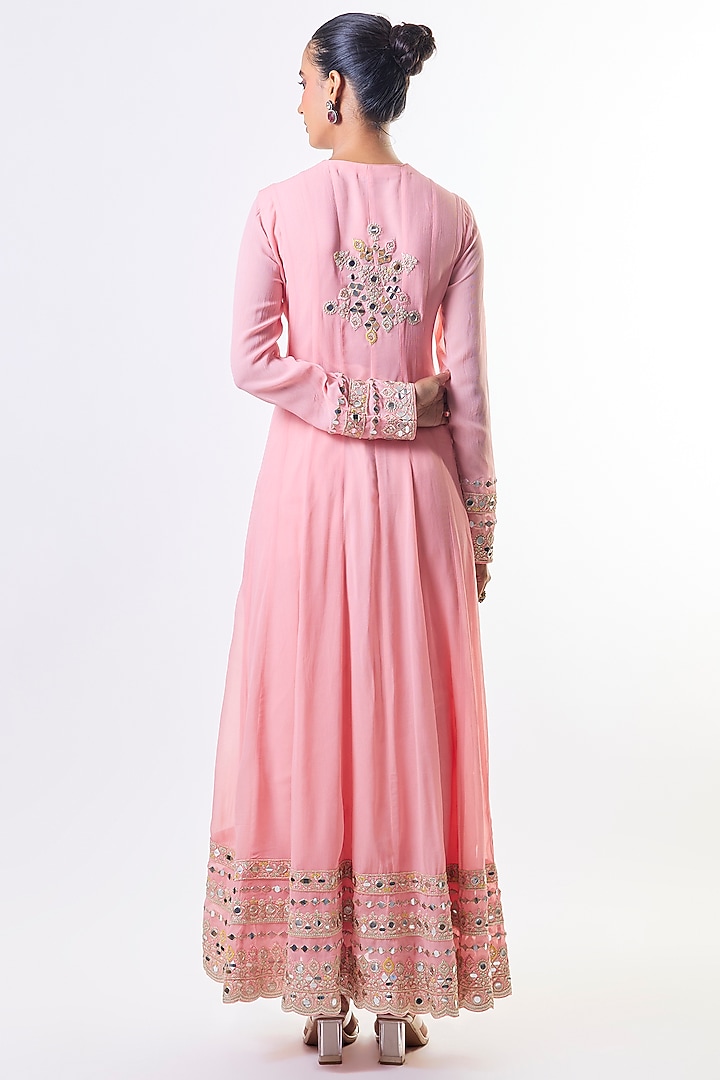 Pink Georgette Mirror Embroidered Wedding Anarkali Set by GOPI VAID at Pernia's Pop Up Shop