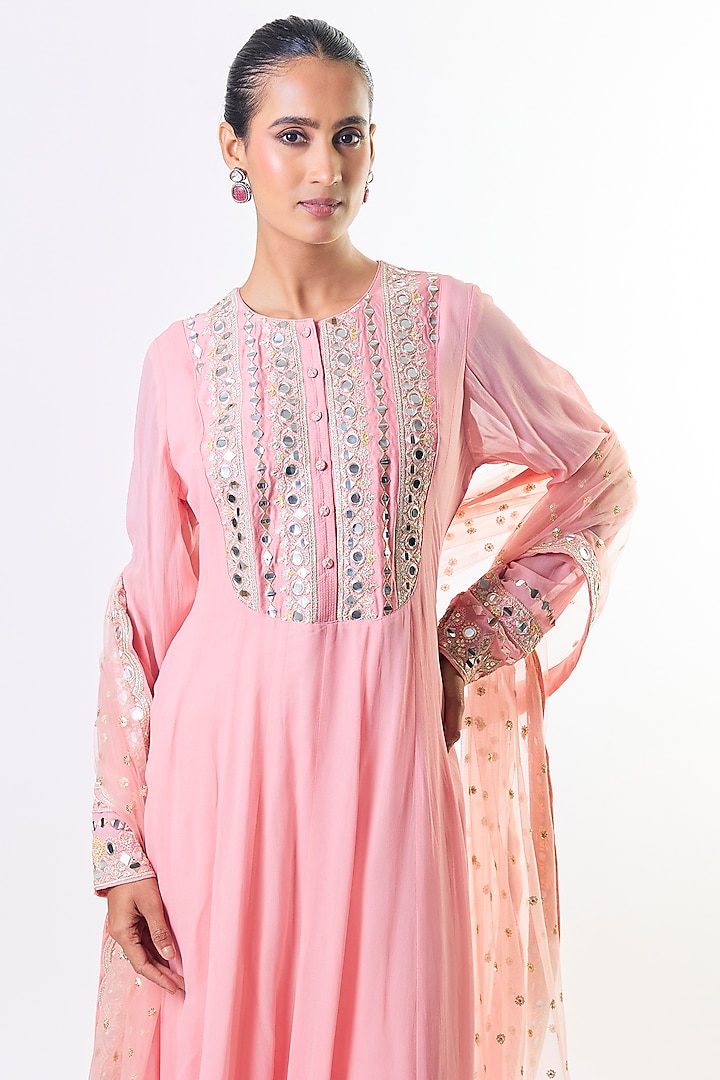 Pink Georgette Mirror Embroidered Wedding Anarkali Set by GOPI VAID at Pernia's Pop Up Shop