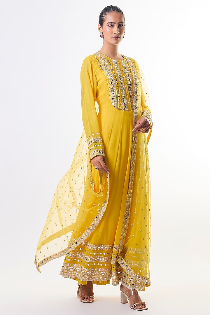 Yellow Georgette Mirror Embroidered Wedding Anarkali Set by GOPI VAID at Pernia's Pop Up Shop