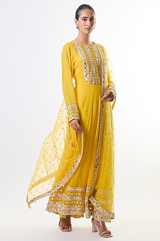 Yellow Georgette Mirror Embroidered Anarkali Set by GOPI VAID