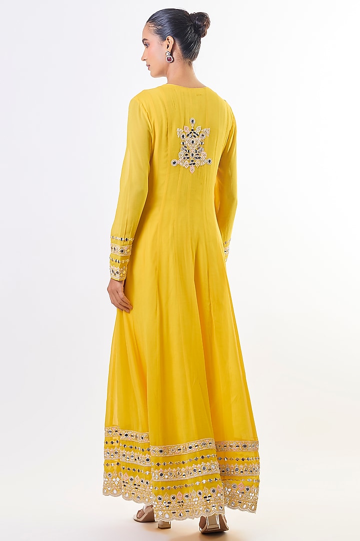 Yellow Georgette Mirror Embroidered Wedding Anarkali Set by GOPI VAID at Pernia's Pop Up Shop