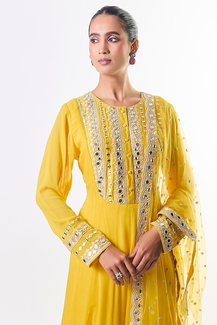 Yellow Georgette Mirror Embroidered Wedding Anarkali Set by GOPI VAID at Pernia's Pop Up Shop