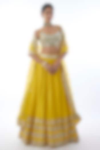Yellow Tussar Mirror Embroidered Wedding Lehenga Set by Gopi Vaid at Pernia's Pop Up Shop