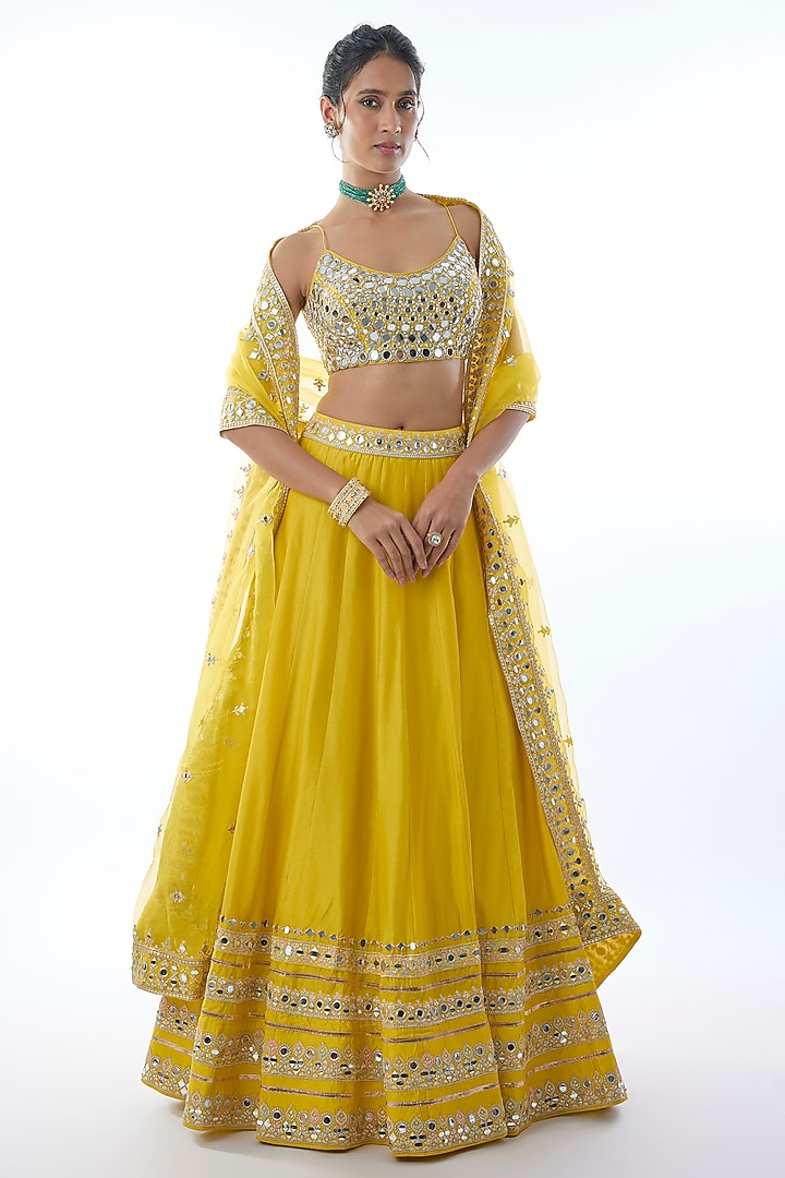 Yellow Tussar Mirror Embroidered Wedding Lehenga Set by Gopi Vaid at Pernia's Pop Up Shop