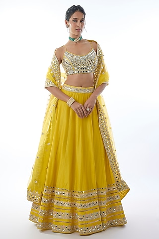 Yellow Tussar Mirror Embroidered Lehenga Set by Gopi Vaid