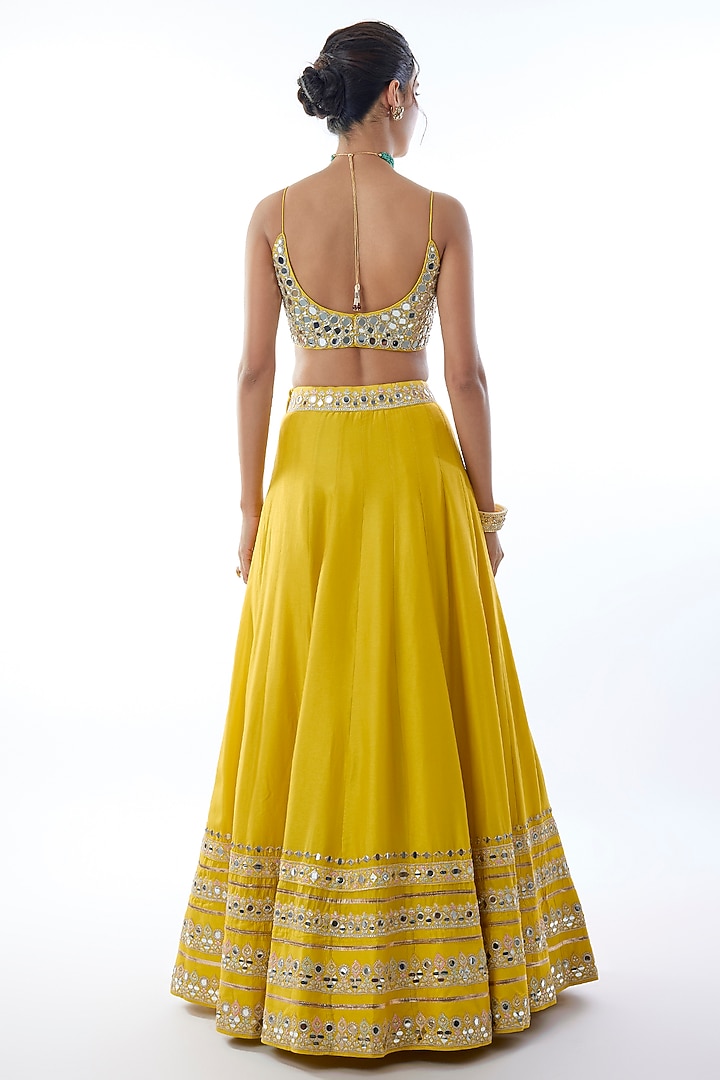 Yellow Tussar Mirror Embroidered Wedding Lehenga Set by Gopi Vaid at Pernia's Pop Up Shop