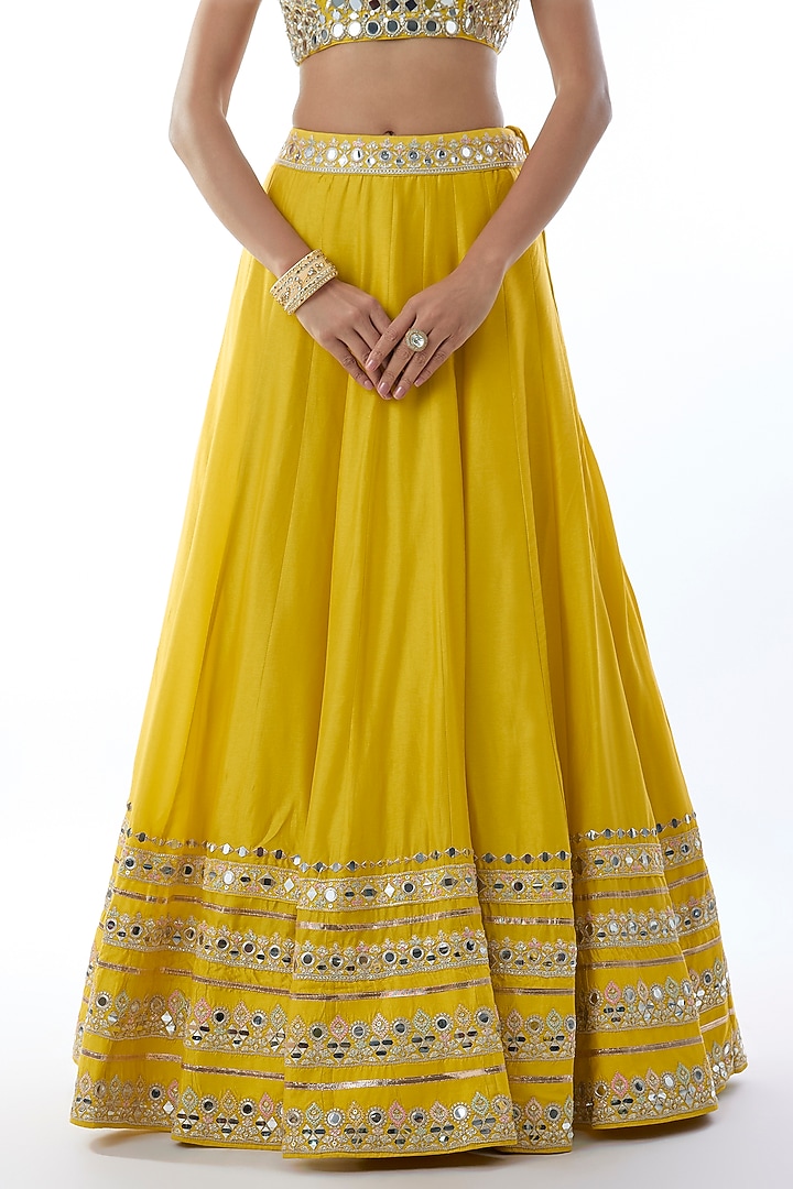 Yellow Tussar Mirror Embroidered Wedding Lehenga Set by Gopi Vaid at Pernia's Pop Up Shop